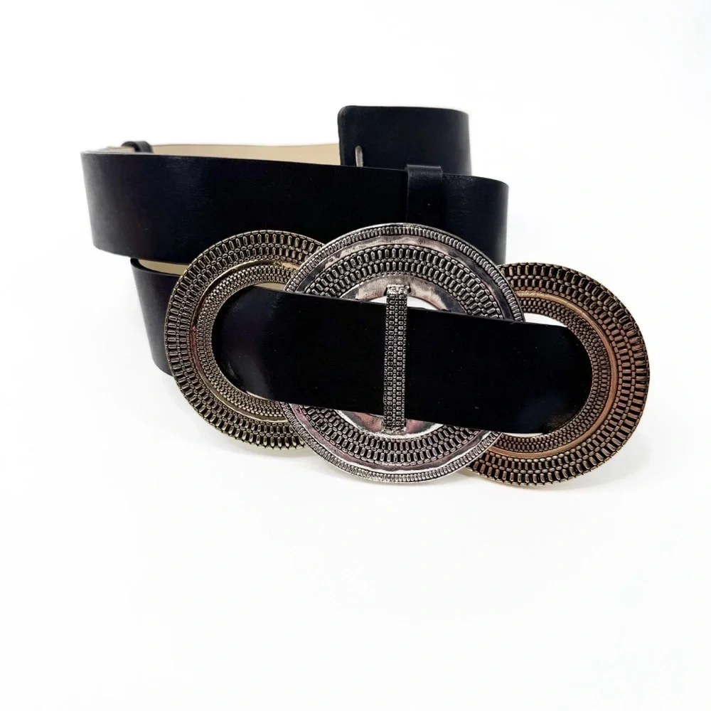 CHICO'S Large Oversized Buckle Two-Tone Adjustable Black Leather Belt M/L